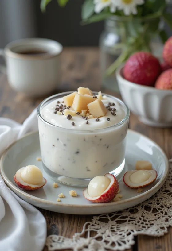 Yaourt probiotique au litchi dans des verres, servi avec des morceaux de litchi frais