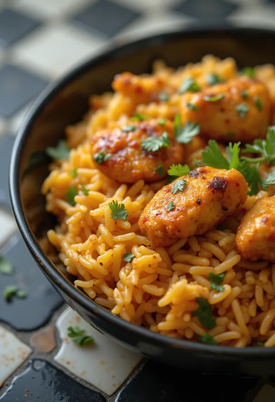 Poulet Tandoori servi avec riz basmati, décoré de coriandre fraîche