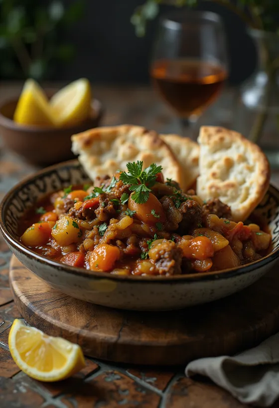 Plat de Thareed copieux avec morceaux d'agneau et légumes sur pain