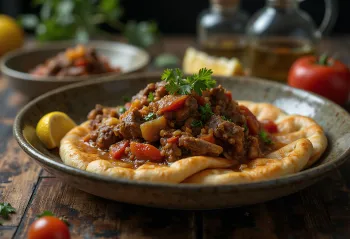 Plat de Thareed copieux avec morceaux d'agneau et légumes sur pain
