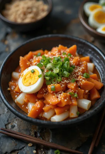 Tteokbokki aux légumes, décoré d'œuf et de sésame