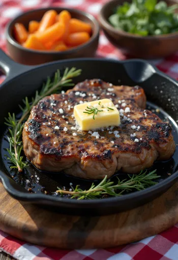 Steak de yack servi avec légumes rôtis et romarin frais