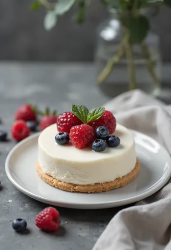 Gâteau mousse au chocolat blanc servi avec des fruits rouges