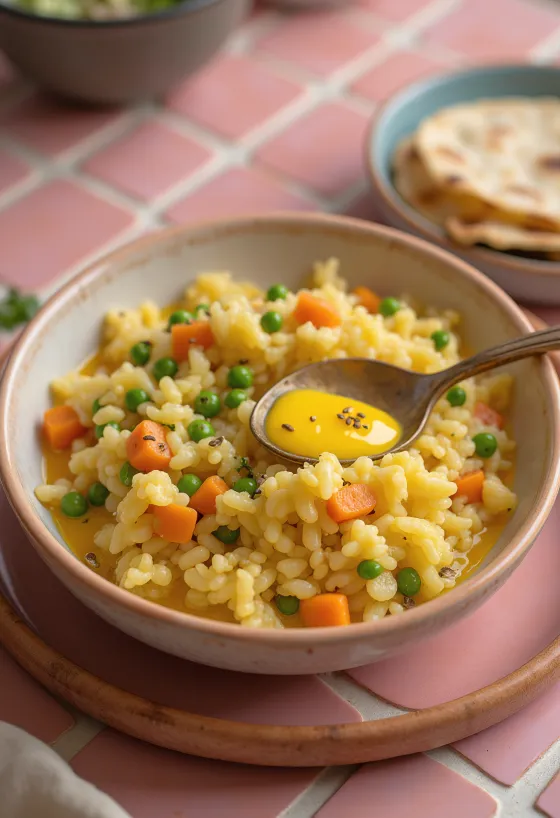 Khichdi aux légumes, riz épicé et légumes servis avec coriandre