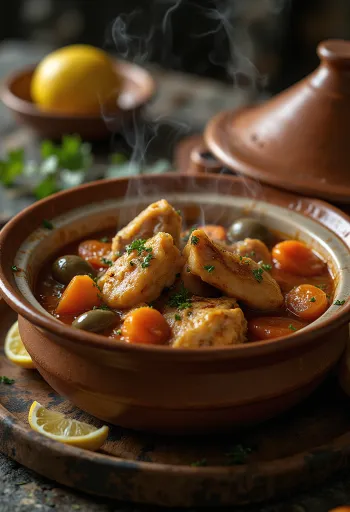 Tagine classique au poulet, servi avec légumes riches et sauce épicée