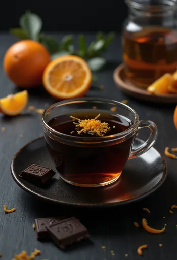 Thé orange-chocolat à la vapeur parfumée, décoré d'une tranche d'orange