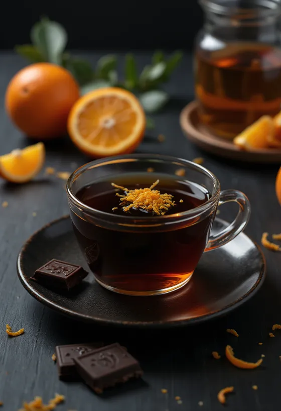 Thé orange-chocolat à la vapeur parfumée, décoré d'une tranche d'orange