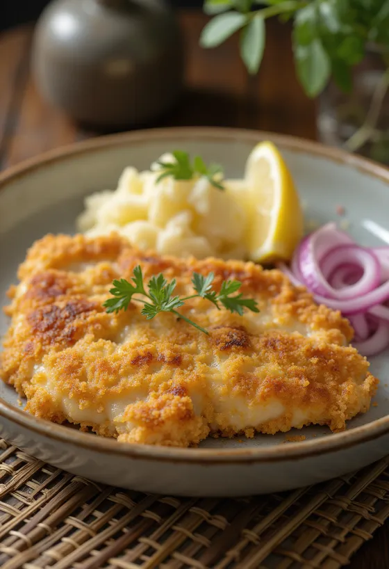 Schnitzel de porc et salade de pommes de terre servis sur une assiette.