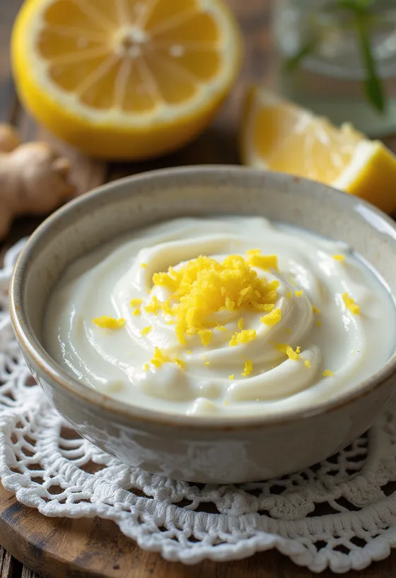 Boisson yaourt limonade gingembre dans un verre, boisson couleur crème claire saupoudrée de zeste de citron