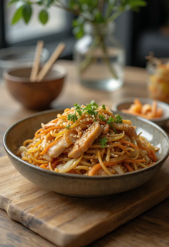 Yakisoba au poulet, nouilles wok japonaises avec légumes croquants