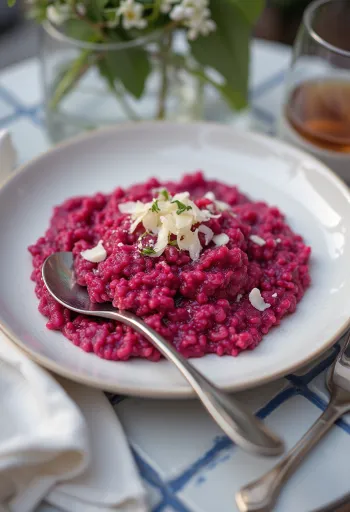 Risotto à la betterave, texture crémeuse, servi avec du persil frais et du parmesan vegan.
