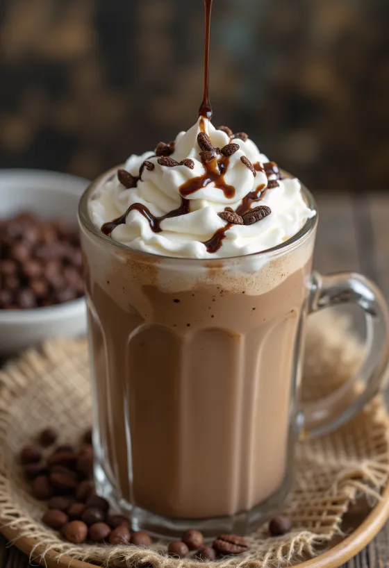 Frappuccino au chocolat dans un verre, décoré de chantilly et de copeaux de chocolat
