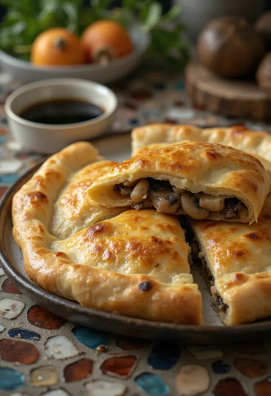 Calzone aux champignons des bois fraîchement cuite