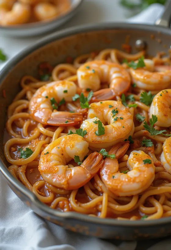 Fideuà aux crevettes, servie avec crevettes et sauce tomate riche, plat espagnol