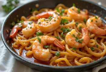 Fideuà aux crevettes, servie avec crevettes et sauce tomate riche, plat espagnol