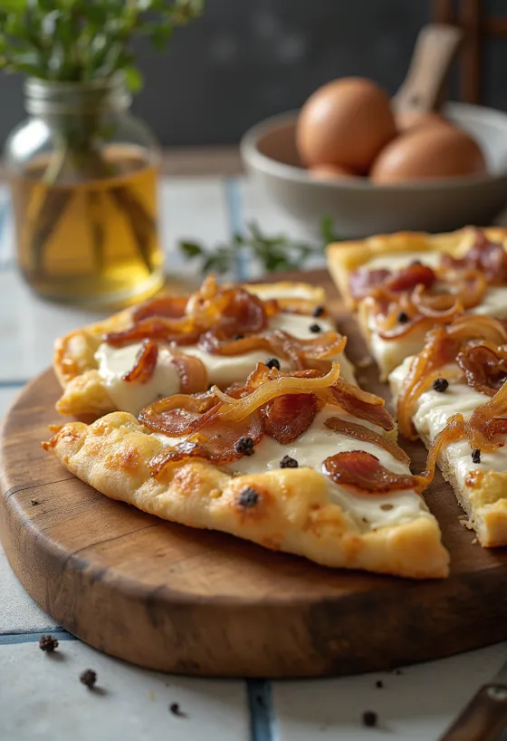 Flammekueche à la crème, oignons et lardons