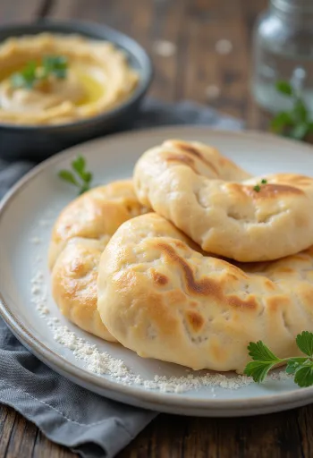 Pain pita sans gluten cuit doré, servi sur une planche rustique