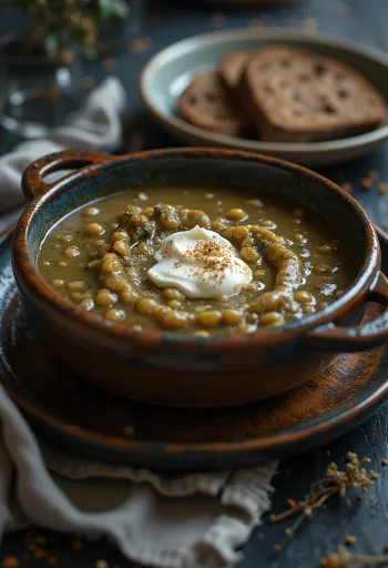 Ragoût de lentilles crémeux saupoudré de persil frais, servi avec œuf au plat et rondelles de saucisse grillées.