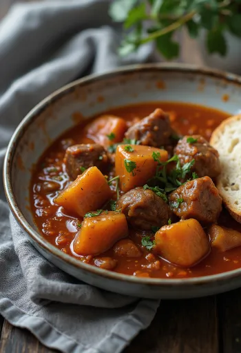 Pörkölt d'autruche servi avec du pain frais.