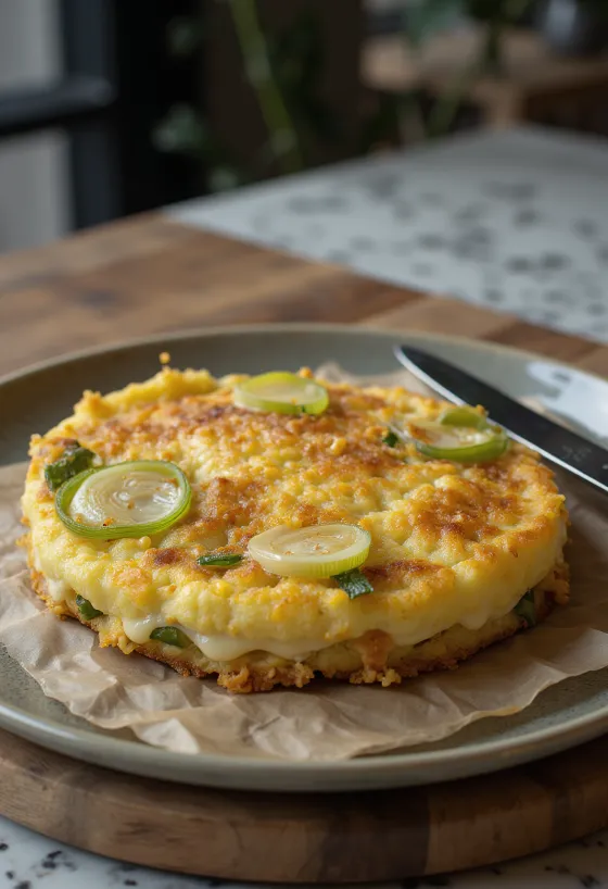 Galette prébiotique fromage frais poireaux, servie avec poireaux frais