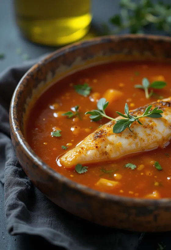 Psarosoupa à l'huile d'olive, riche soupe de poisson servie avec huile d'olive et citron