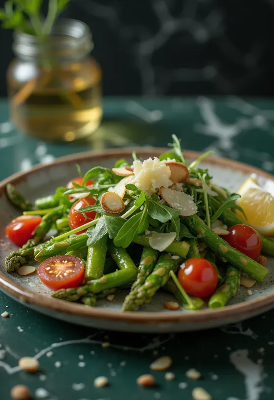 Salade d'asperges vinaigrette au citron servie