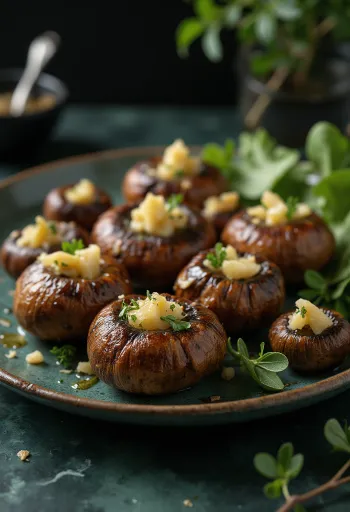 Têtes de champignons rôties croustillantes, herbes et ail