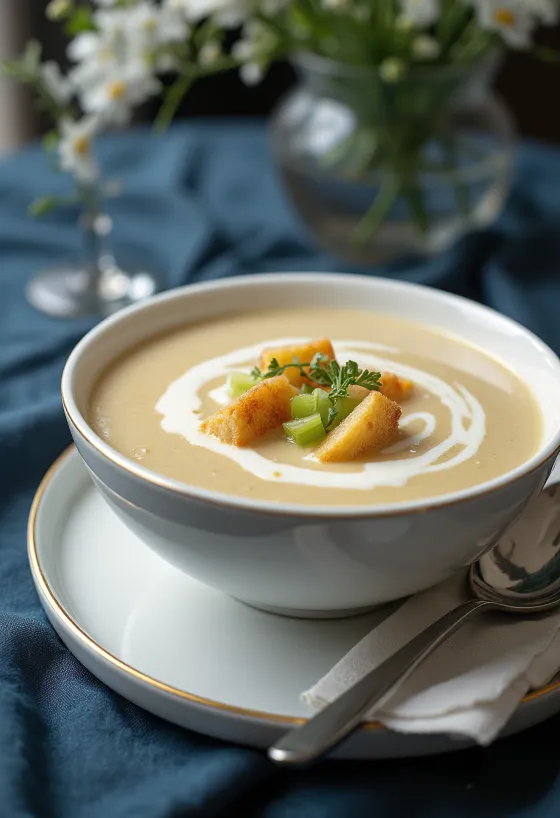 Velouté de céleri-rave crémeux décoré de persil frais.