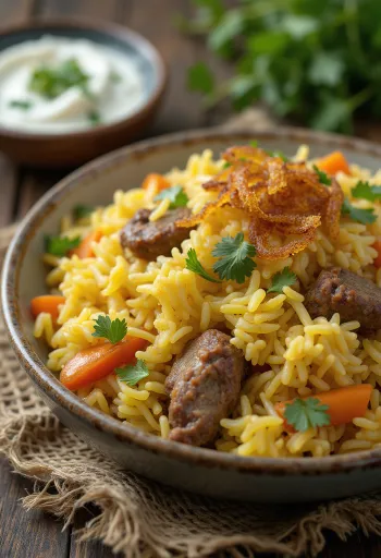 Biryani d'agneau aux légumes, riz épicé riche et viande d'agneau tendre