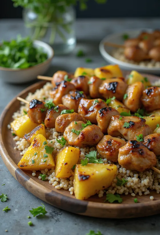 Variations de brochettes aigre-douces avec viandes grillées, ananas et sauce au yaourt