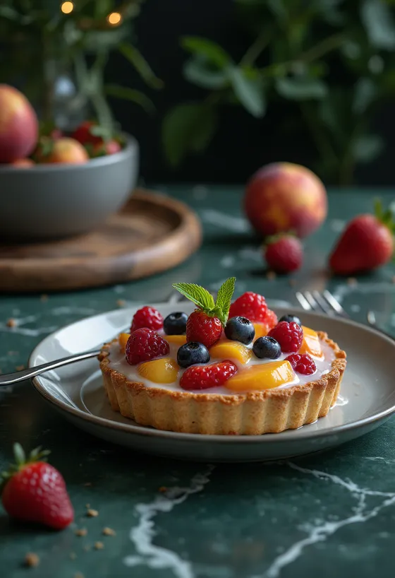 Parts de tarte aux fruits frais décorées de fruits