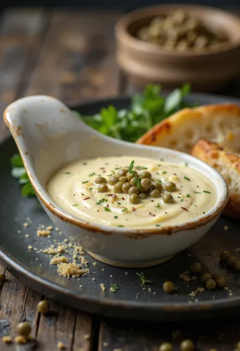 Sauce crémeuse moutarde et câpres servie