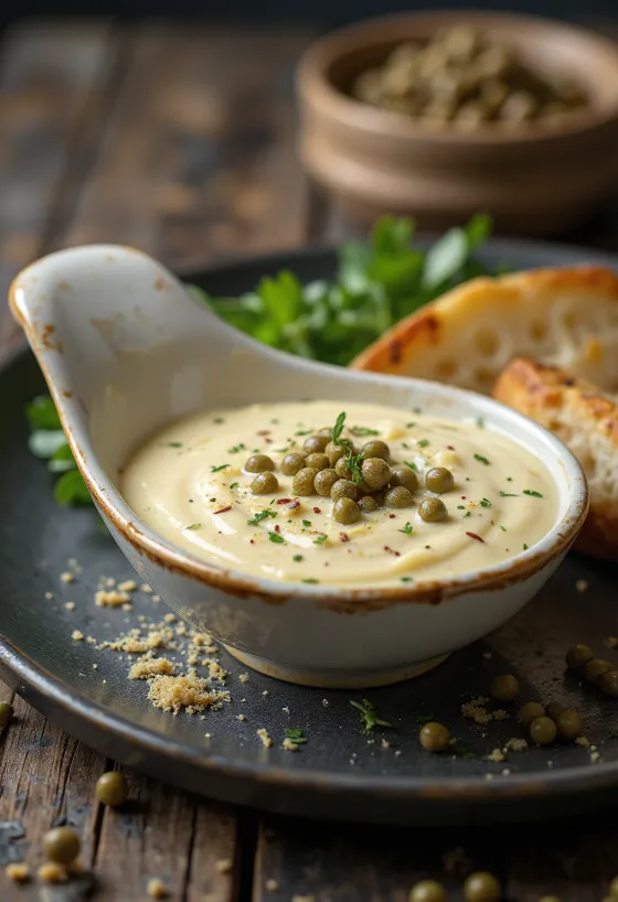 Sauce crémeuse moutarde et câpres servie
