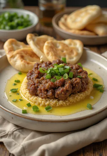 Kibbeh Nayyeh servi avec pain pita frais et graines de grenade