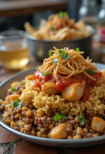 Koshari au poulet, plat égyptien de riz, lentilles, macaronis et poulet, sauce tomate riche