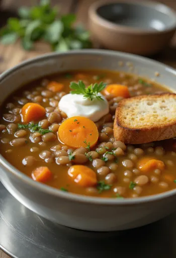 Soupe de lentilles traditionnelle avec carottes, pommes de terre et laurier