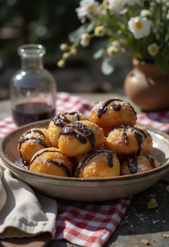 Loukoumades au coulis de chocolat, beignet doré au chocolat et sucre vanillé