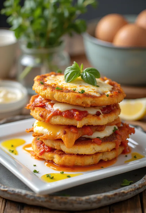 Parmigiana au basilic frais, servie avec aubergines frites, parmesan et fromage mozzarella