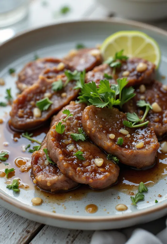 Pipikaula marinée à l'ail et au gingembre, décorée de coriandre fraîche.