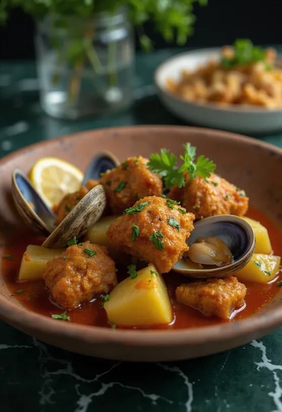 Plat portugais Carne de porco à Alentejana servi