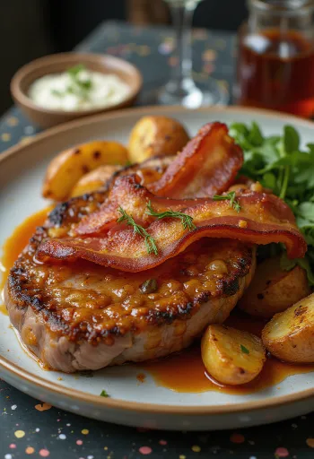 Rôti tzigane servi avec tranches de lard croustillantes et légumes frais