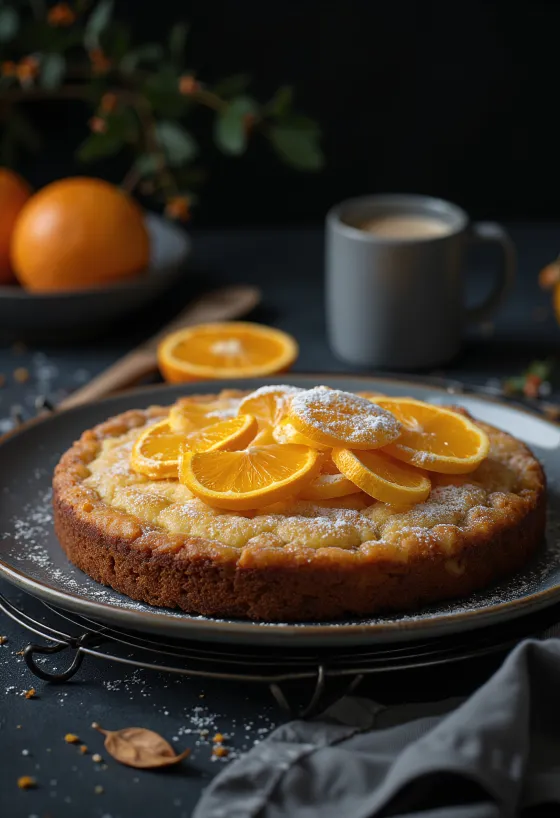 Gâteau épicé à l'orange servi avec sucre glace et zestes d'orange