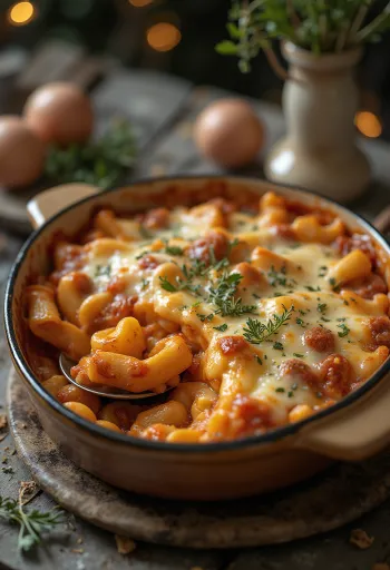 Gratin de pâtes à la viande avec viande hachée juteuse et fromage fondu sur le dessus