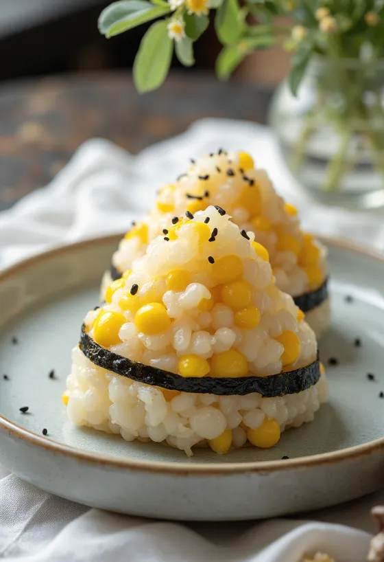 Onigiri fourré au maïs, bouchées de riz triangulaires avec feuille de nori