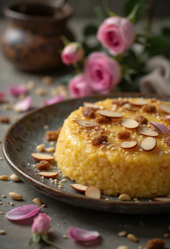 Malida à l'eau de rose, douceur indienne, farine grillée, amandes et sésame.