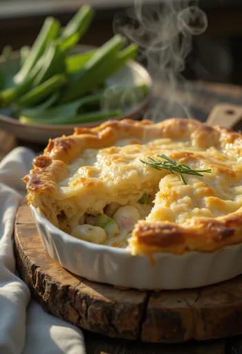 Tourte au lapin et aux poireaux servie dans un plat rustique avec pâte feuilletée dorée.