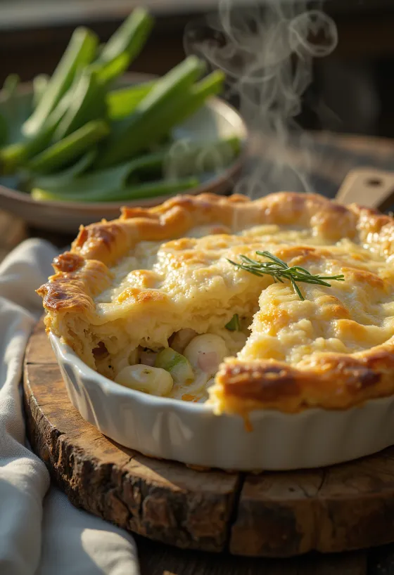 Tourte au lapin et aux poireaux servie dans un plat rustique avec pâte feuilletée dorée.