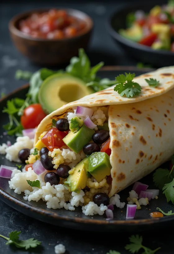 Burrito vegan garni de riz, haricots, avocat et maïs