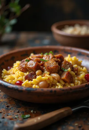 Baião de Dois à la carne seca, parsemé de coriandre