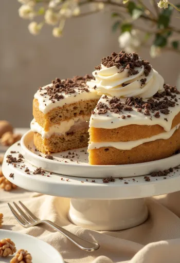 Gâteau aux noix et aux marrons avec crème riche et noix